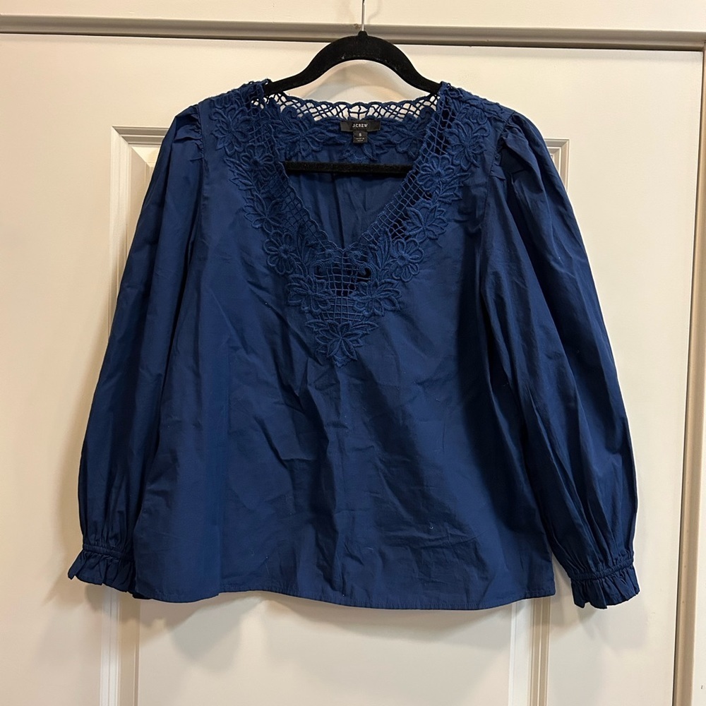 J Crew Navy Long Sleeve Top w/ Crochet Neckline Detail + Elastic Cuffs - size S